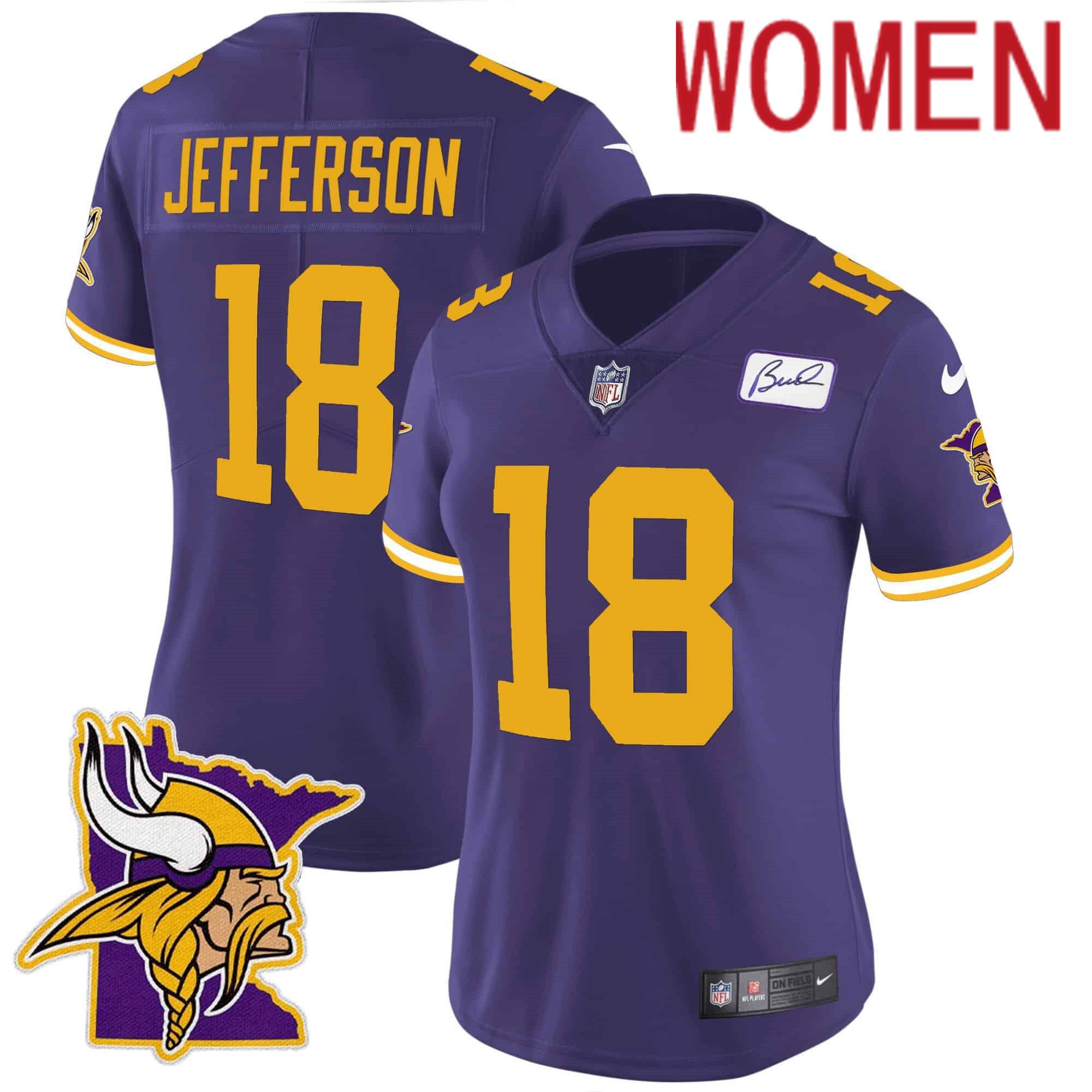 Women Minnesota Vikings #18 Jefferson Purple 2024 Nike Patch Classic Limited NFL Jersey style 2